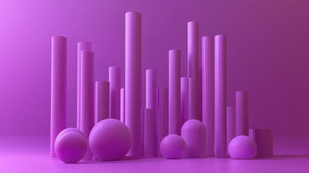 Abstract composition of purple cylinders and spheres in varying sizes, arranged on a matching purple surface, creating a striking modern aesthetic. Generative aiの素材