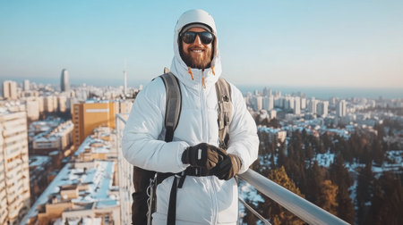 Rooftopping enthusiast, wearing a helmet and warm winter clothing, leaning against a railing on a snowy rooftop, enjoying a panoramic view of a snow-covered city. Generative aiの素材