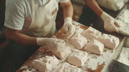 Two pastry chefs wearing gloves are working with portions of fresh marshmallows, dusting them with powdered sugar on a wooden table in a professional kitchen. Generative aiの素材