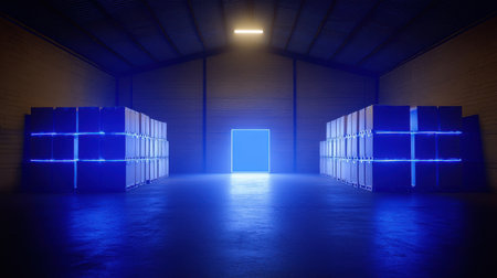 Glowing blue neon lights illuminate storage crates inside a futuristic warehouse, creating a vibrant and technologically advanced atmosphere with a mysterious ambiance. Generative aiの素材