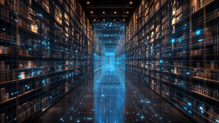 Glowing lines of data connect books in a library, forming a futuristic tunnel of information, symbolizing the digital age of knowledge and learning. Generative aiの素材