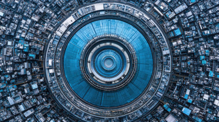 Modern metropolis expanding in concentric circles, showcasing innovative architecture, advanced technology, and a futuristic urban landscape with blue tones. Generative aiの素材