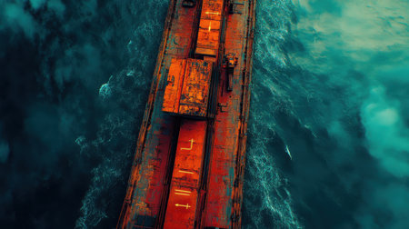 Aerial view captures a large cargo ship navigating the vast expanse of a deep blue ocean, showcasing the scale of maritime transport against the backdrop of powerful waves. Generative aiの素材