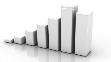 Seven white glossy ascending graph bars are growing, showing increased profits, progress and success, on white background with reflections. Generative aiの素材