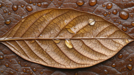 Close-up of a brown leaf with intricate veins and glistening water droplets resting on a wet surface, creating a serene harmony of nature's textures. Generative aiの素材