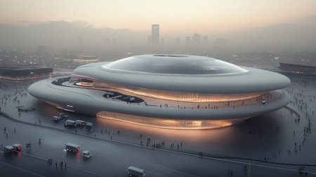 Modern stadium glowing at dusk, with crowds gathering outside and city skyline in background, showcasing innovative architecture and urban development. Generative aiの素材