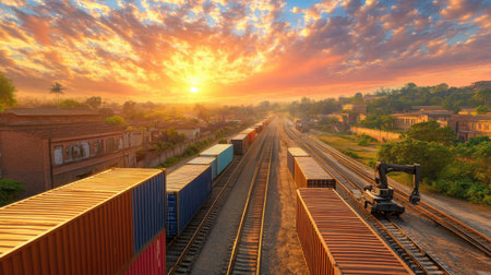 Colorful freight train transporting cargo containers along the railway during sunset, highlighting the logistics and transportation of goods across the country in a vibrant landscape. Generative aiの素材