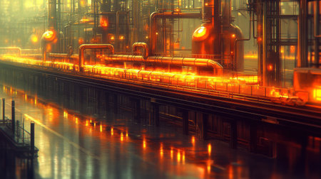Glowing molten metal flows through pipes and tanks in a futuristic industrial processing plant at night, reflecting in the rain-slicked ground. Generative aiの素材