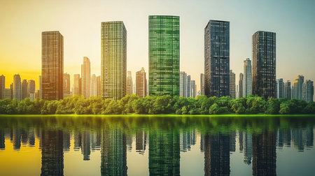 Green building with sustainable architecture standing out in modern city skyline reflecting on water at sunset, showcasing eco-friendly urban development and environmental consciousness. Generative aiの素材