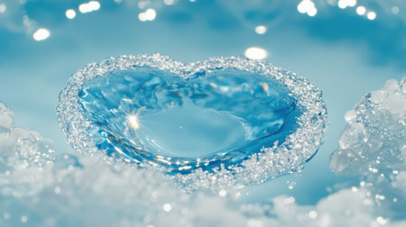 Sparkling ice crystals are forming a delicate heart shape on the surface of pristine, clear blue water, creating a captivating scene of natural beauty and winter's magic. Generative aiの素材