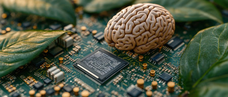 Realistic human brain resting on a detailed circuit board motherboard, surrounded by lush green leaves, symbolizes the intersection of artificial intelligence, nature, and technology. Generative aiの素材