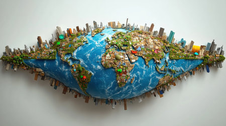 Miniature buildings and vegetation covering a model of planet earth, highlighting urbanization, environmental impact, and global development issues, set against a clean white background. Generative aiの素材