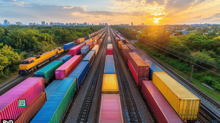 Long freight trains carrying colorful cargo containers are moving towards a city at sunset, creating a vibrant and dynamic scene of global commerce and logistics. Generative aiの素材