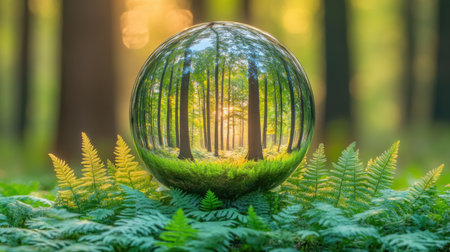 Sunlight filters through a lush forest, its image captured and inverted within a crystal ball nestled amidst vibrant green ferns, creating a captivating scene of nature's beauty. Generative aiの素材