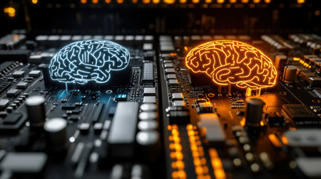 Two glowing digital brains, one cool blue and the other warm orange, emerging from a complex circuit board, symbolize the potential of artificial intelligence in technology. Generative aiの素材