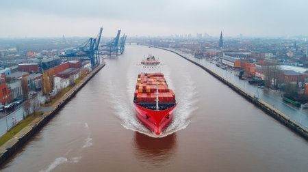 Aerial view of a red container ship sailing on a river, navigating through an industrial cityscape with cranes, buildings, and a cloudy sky, showcasing global trade and logistics. Generative aiの素材