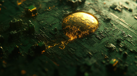 Golden sphere emitting bright light and transferring energy to a futuristic, complex, and dark green circuit board, creating a visually striking contrast. Generative aiの素材