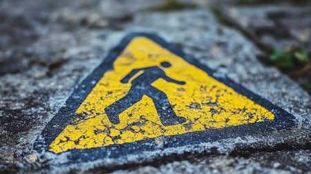 Close-up of a pedestrian crossing sign painted on a stone surface, exhibiting cracks and wear from weather exposure and the passage of time. Generative aiの素材