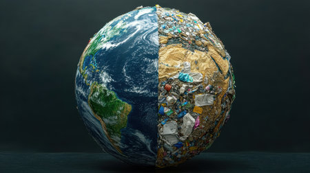 Half of planet earth is covered in trash and garbage, while the other half shows clean nature, highlighting environmental pollution and the need for sustainability. Generative aiの素材