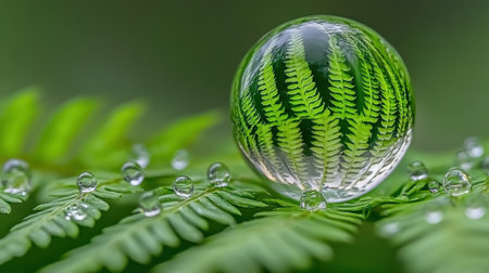 Close-up of a crystal ball reflecting fern leaves, delicately placed on a bed of fern with glistening dew drops, creating a captivating scene of nature's beauty and tranquility. Generative aiの素材