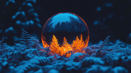Orange ferns glow inside a crystal ball reflecting a dark forest in a magical fantasy night scene, creating a beautiful and otherworldly atmosphere. Generative aiの素材
