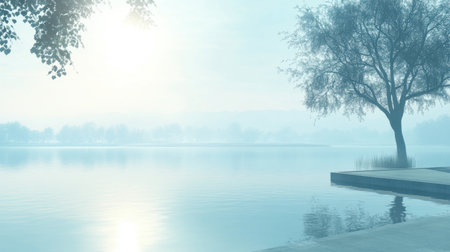 Sunlight shining on a misty lake with a wooden pier and a solitary tree in the early morning creates a tranquil and serene atmosphere, inviting moments of reflection and peace. Generative aiの素材