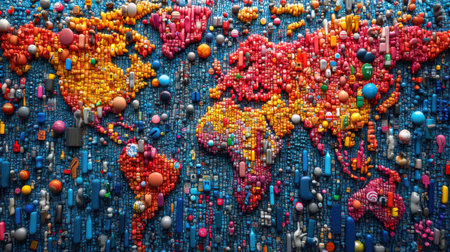 Colorful plastic objects forming a world map, emphasizing the urgent global plastic pollution crisis and its environmental impact. Generative aiの素材