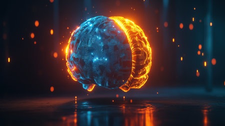 Futuristic digital brain glowing with blue and orange circuitry represents the power of artificial intelligence and its potential impact on the future of technology. Generative aiの素材