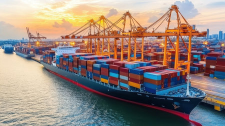 Large container ship docking at industrial port with cranes operating and loading containers at sunset, demonstrating global logistics and transportation. Generative aiの素材