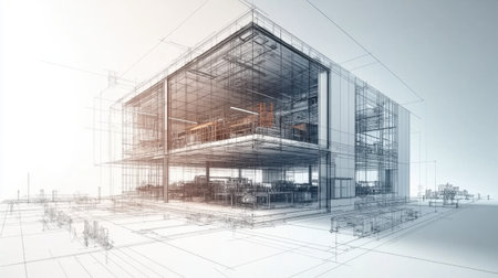 Wireframe rendering illustrating a modern office building with highlighted interior furnishings and surrounding landscape design, emphasizing contemporary architectural features. Generative aiの素材
