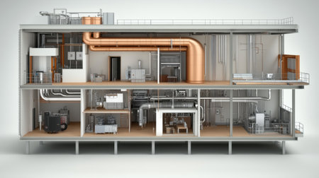 Detailed cross-section of a multi-level industrial building revealing intricate pipe systems, machinery, and complex components. Generative aiの素材
