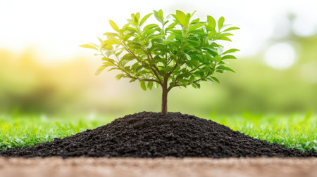 Small tree growing in a pile of dirt with green grass in the background, representing concepts such as growth, business, and environmental conservation. Generative aiの素材