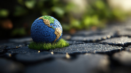 Pixelated earth globe is growing on a patch of grass surrounded by a dark gray cobblestone street, symbolizing the importance of environmental conservation in urban areas. Generative aiの素材