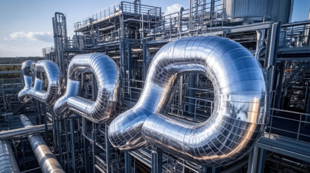 Large insulated industrial pipes winding through a complex network in a modern power plant against a vibrant blue sky. Generative aiの素材