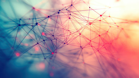 Complex network mesh connecting points and lines, symbolizing global communication, data flow, and technological advancement in a vibrant, abstract representation. Generative aiの素材