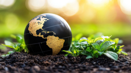Small globe rests on fertile soil surrounded by lush green plants, representing the importance of environmental protection and sustainable practices for a healthy planet. Generative aiの素材