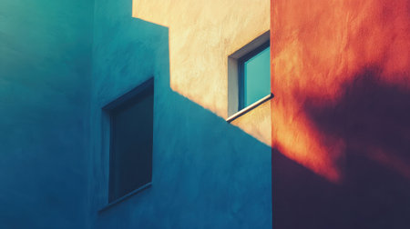 Sunlight casts long shadows on a colorful building facade, creating an abstract geometric pattern with contrasting hues of orange, blue, and yellow. Generative aiの素材