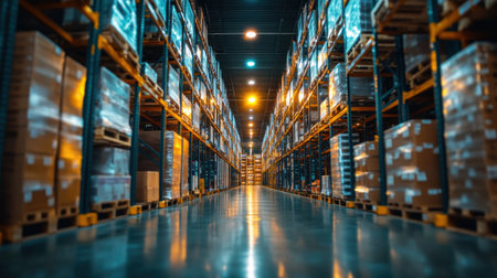 Goods wrapped in plastic are stored on pallets in a spacious, organized warehouse, enhancing logistics efficiency in a clean, illuminated environment. Generative aiの素材