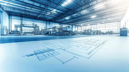 Blueprint overlaying the empty floor of a modern industrial factory with sunlight shining through large windows in a concept of industry, engineering, and development. Generative aiの素材