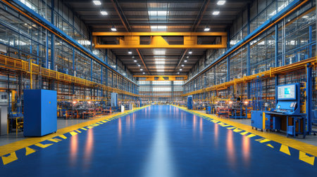 Modern empty car factory interior featuring an automated assembly line with robotic arms and machinery working on vehicle components, highlighting advanced manufacturing technology. Generative aiの素材