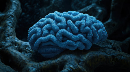 Artificial intelligence concept is illustrated by a glowing blue brain resting on a dark uneven surface, representing the complex and mysterious nature of the human mind. Generative aiの素材
