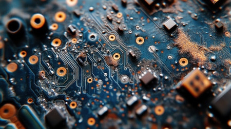 Close-up view of a damaged printed circuit board covered in dust and corrosion, highlighting the intricate details of its components and the effects of deterioration. Generative aiの素材