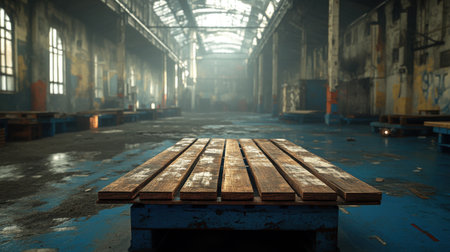 Wooden planks forming a display table in an abandoned factory create a unique backdrop for product placement. Generative aiの素材