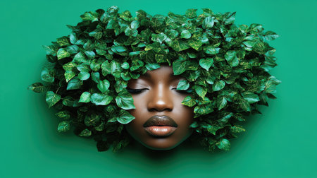Studio portrait of a beautiful young black woman surrounded by green ivy leaves, posing serenely against a vibrant green backdrop. Generative aiの素材