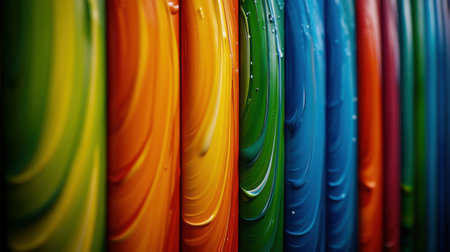 Thick, vibrant paint strokes in rainbow colors form a textured and colorful striped background, perfect for art, design, and creative projects. Generative aiの素材