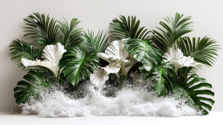 Lush green and white tropical leaves rise from a wave of splashing water against a clean white background, creating a refreshing and vibrant scene. Generative aiの素材