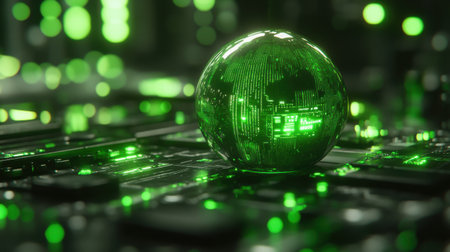 Green glowing planet earth rotating on futuristic circuit board with bokeh lights representing global digital data processing, network and technology. Generative aiの素材