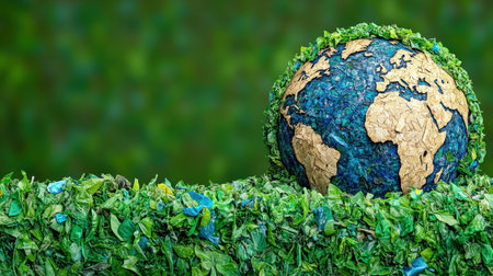 Shredded plastic waste forming a landscape with a partially deteriorated earth globe symbolizing environmental challenges and the importance of recycling and sustainability. Generative aiの素材