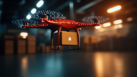 Red delivery drone transporting a cardboard box within a futuristic warehouse, highlighting innovative logistics and advanced delivery transportation concepts in modern industry. Generative aiの素材