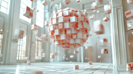 Red and white cubes forming a sphere are floating in a white room with large windows and tiled floor, creating a modern art installation. Generative aiの素材